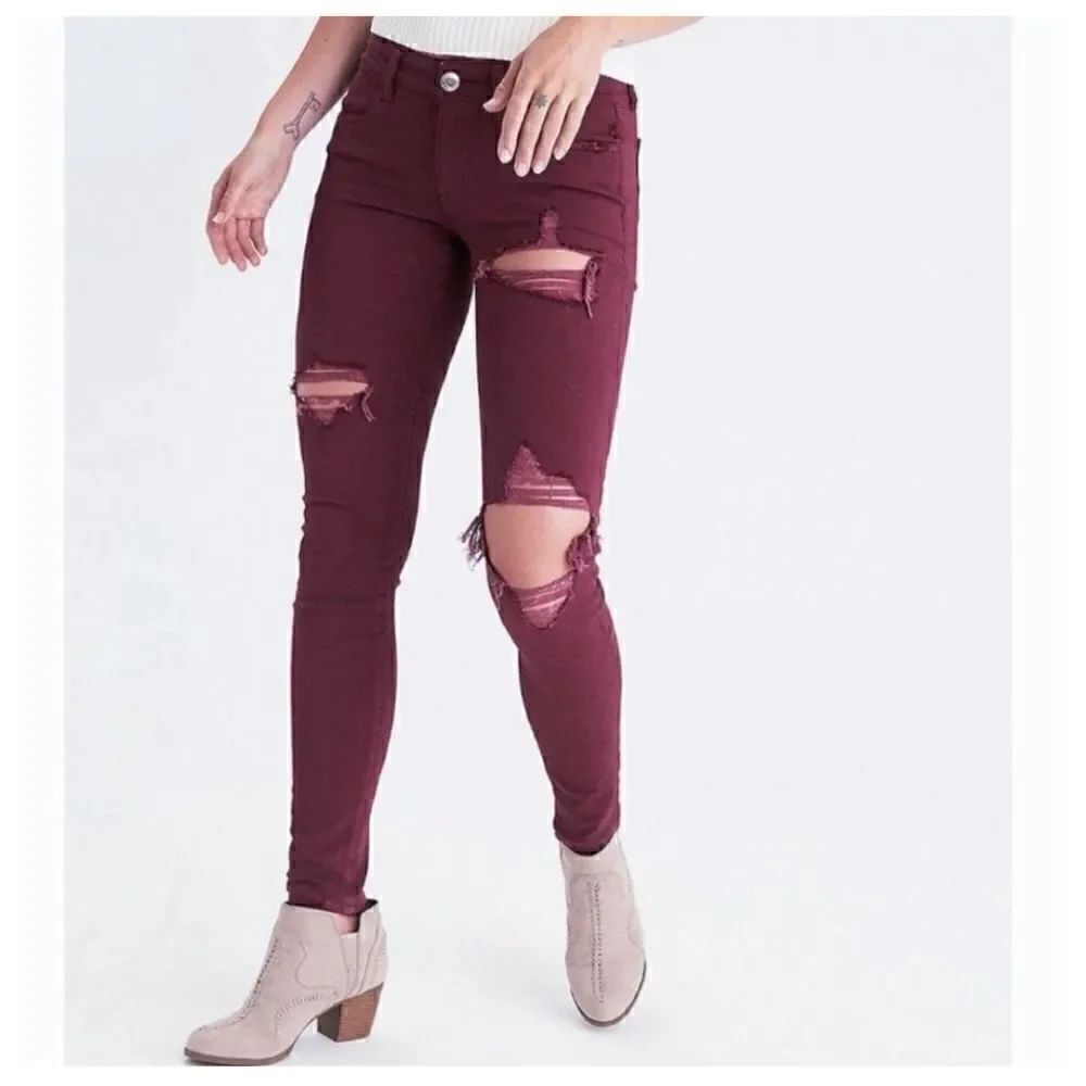 American Eagle AEO Twill Burgundy Skinny Jeggings, Size 2, Jeans Low Rise Skindi